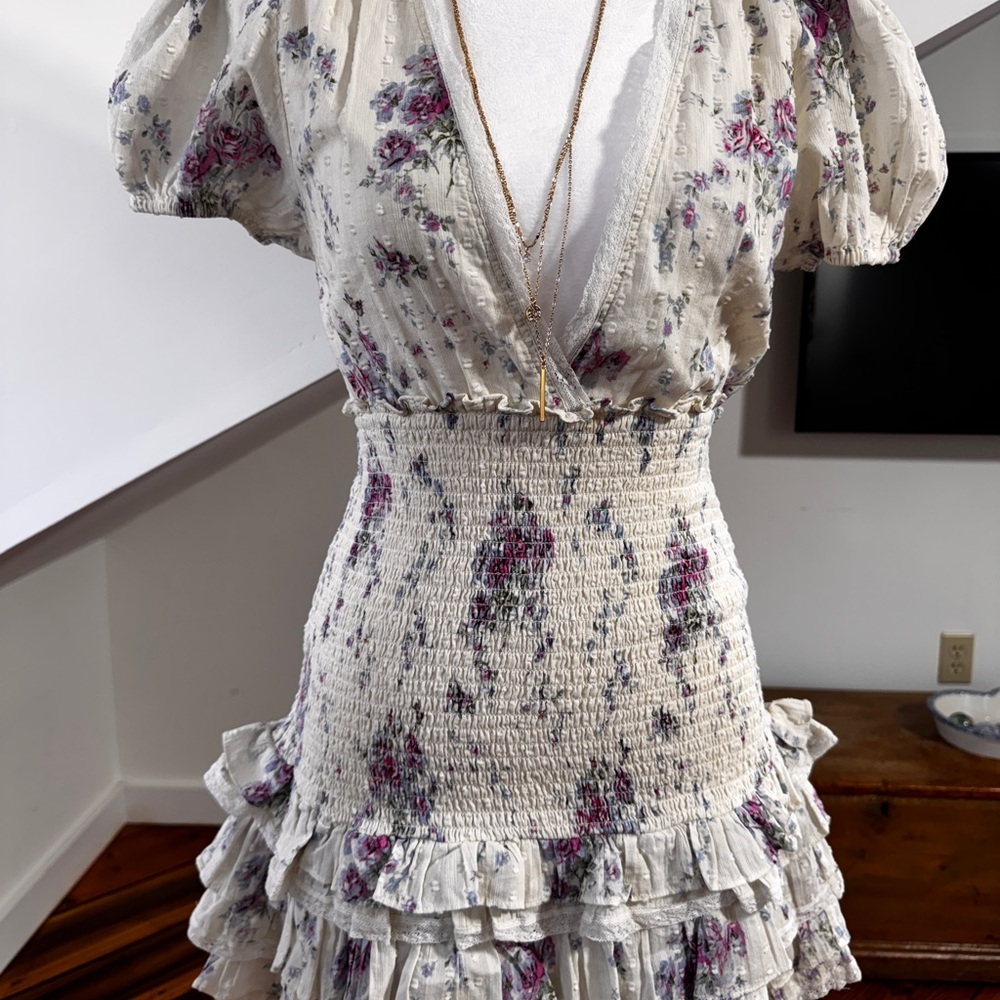 LoveShackFancy Cream Mini Dress with Pink Floral Print